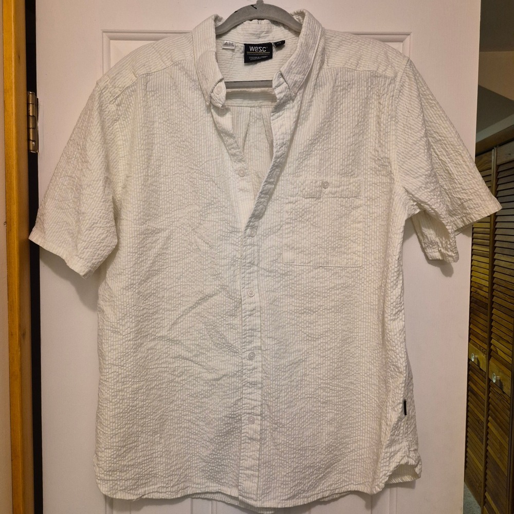 WeSC Oden Mens XXL Seersucker Short Sleeve Button Up Shirt Yellow White Striped